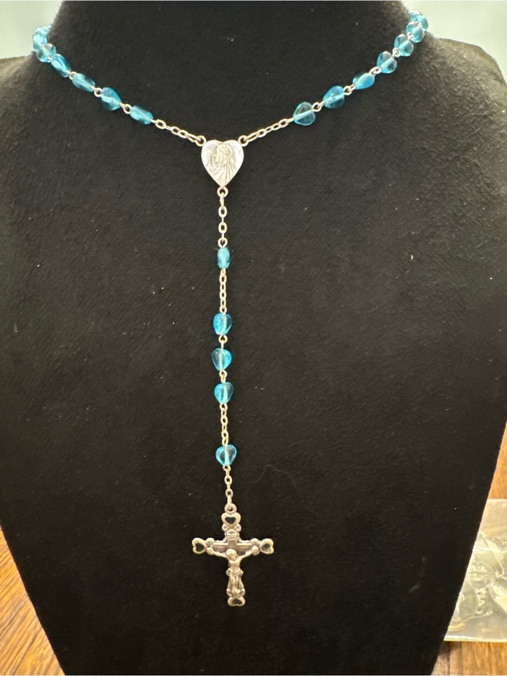 Blue Heart Bead Rosary Style Necklace Virgin Mary Jesus Crucifix Catholic